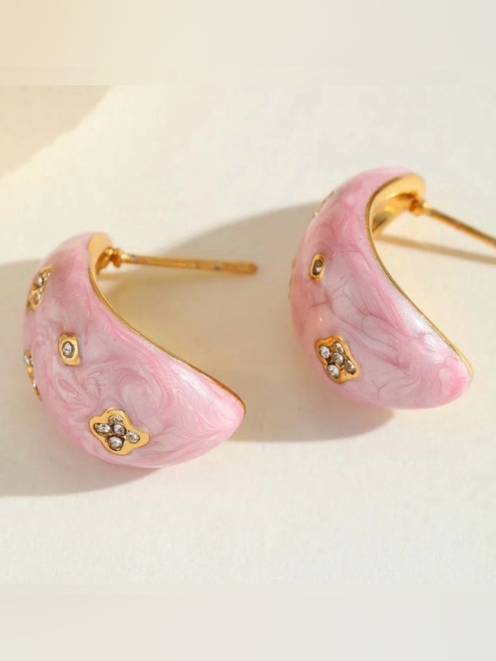 Pink Enamel Crystal Accent Hoop Earrings
